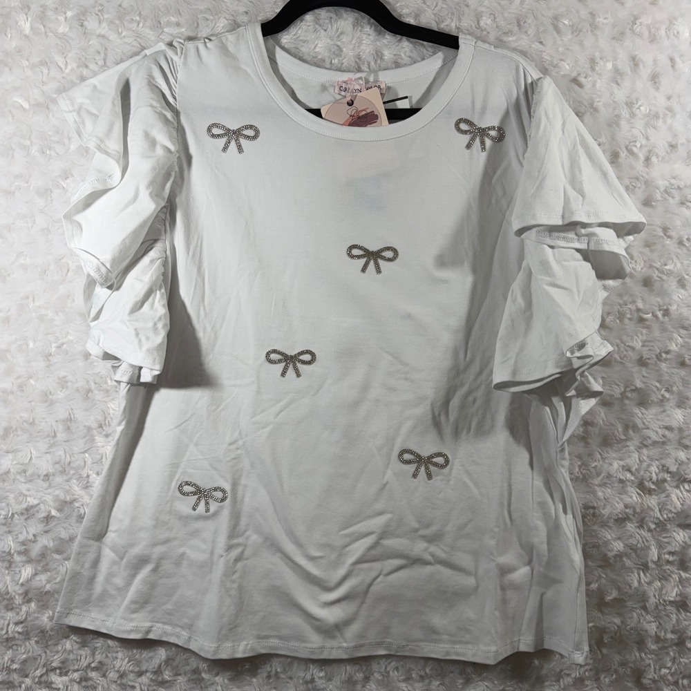 Carolyn Taylor Women's White Flutter Sleeve Bow Embellished Knit Top Size XL